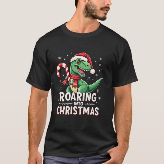 Roaring into Christmas T Rex Santa Hat Candy Cane  T-shirt (Voorkant)