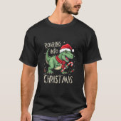 Roaring into Christmas T Rex Santa Hat Candy Cane  T-shirt (Voorkant)