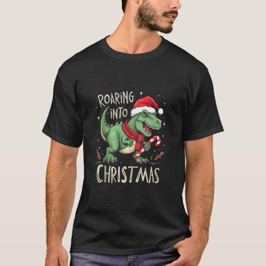 Roaring into Christmas T Rex Santa Hat Candy Cane T-shirt (Voorkant)