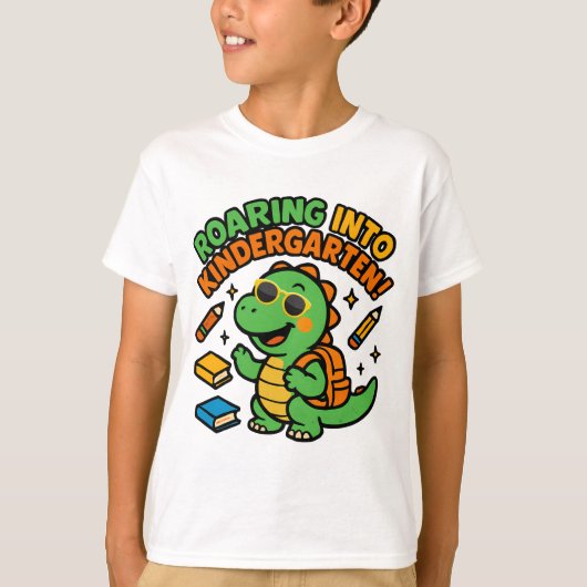 Roaring Into Kindergarten Dinosaur T-Shirt (Voorkant)