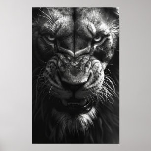 Roaring Lion Front Uitzicht Fotorealistisch Zwart Poster