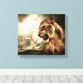 Roaring lioness against stormy canvas afdruk (Insitu (Houten vloer))