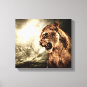 Roaring lioness against stormy canvas afdruk