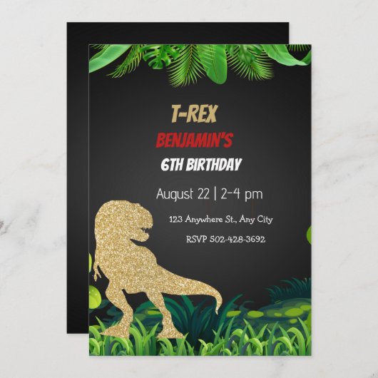 Roaring T-Rex Dinosaurus Verjaardagsfeestje Uitnod Kaart (Voorkant / Achterkant)