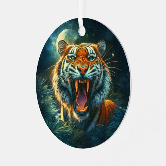 Roaring Tiger Moonlit Oerwoud Metalen Ornament (Voorkant links)
