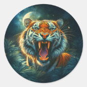Roaring Tiger Moonlit Oerwoud Ronde Sticker (Voorkant)