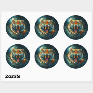 Roaring Tiger Moonlit Oerwoud Ronde Sticker