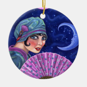 Roaring Twenties Flapper Girl Fan Moon Stars Keramisch Ornament
