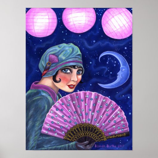 Roaring Twenties Flapper Girl Fan Moon Stars Poster (Voorkant)