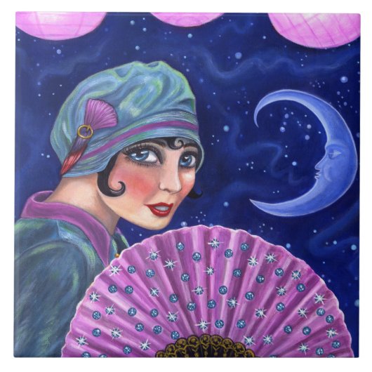 Roaring Twenties Flapper Girl Fan Moon Stars Tegeltje (Voorkant)