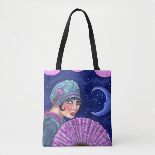 Roaring Twenties Flapper Girl Fan Moon Stars Tote Bag (Voorkant)