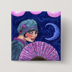 Roaring Twenties Flapper Girl Fan Moon Stars Vierkante Button 5,1 Cm