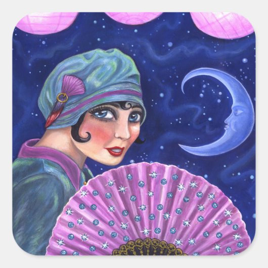 Roaring Twenties Flapper Girl Fan Moon Stars Vierkante Sticker (Voorkant)