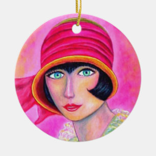 Roaring twenties Flapper Girl in Roze Cloche Pet Keramisch Ornament
