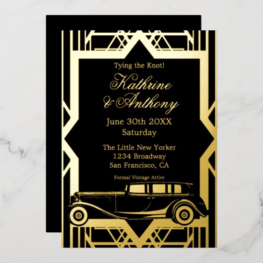 Roaring Twenties Limo Gatsby Style Folie Uitnodigi Folie Uitnodiging (Voorkant / Achterkant)