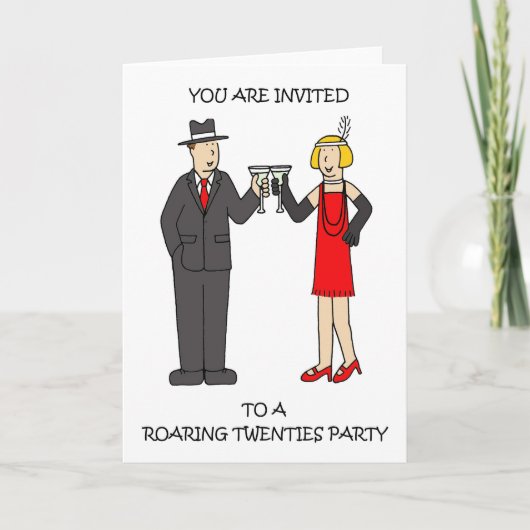Roaring Twenties Party Invitation, Cartoon Couple. (Voorkant)