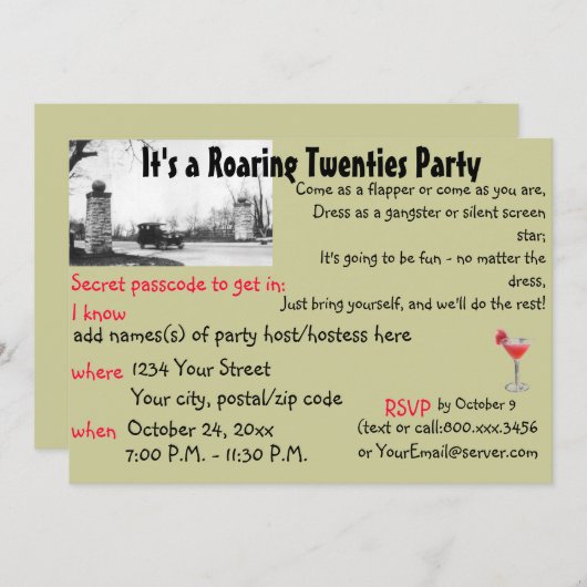 Roaring Twenties Spreakeasy Theme Party Kaart (Voorkant / Achterkant)