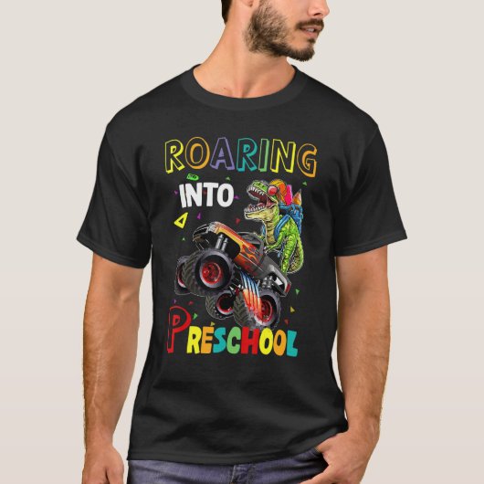 Roaring voorschool dinosaur Monster Truck terug na T-shirt (Voorkant)