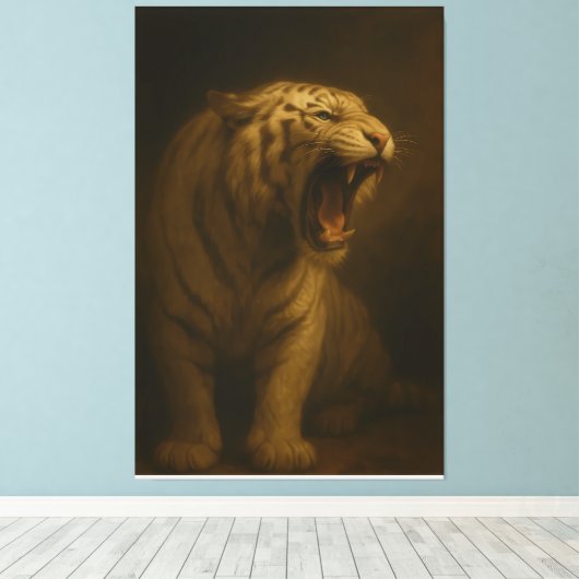 Roaring White Tiger – Fine Art Premium Canvas Prin Afdruk (Insitu (Houten vloer))