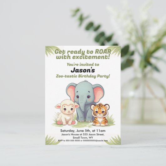 Roaring Zoo Verjaardag Uitnodiging Briefkaart (Staand voorkant)