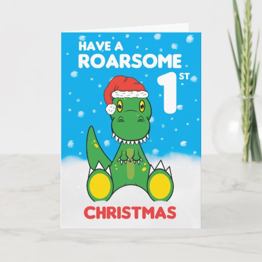 Roarsome 1st Kerstmis Dinosaur Holiday Card Feestdagen Kaart (Voorkant)