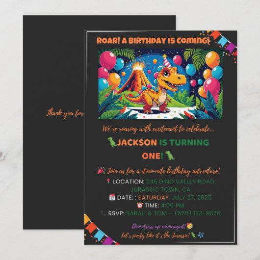 Roarsome Dino Birthday Card – Editable Kaart (Voorkant / Achterkant)