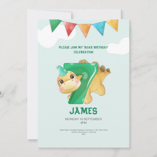 Roarsome Dinosaur 7th Birthday Party Invitation Kaart (Voorkant)