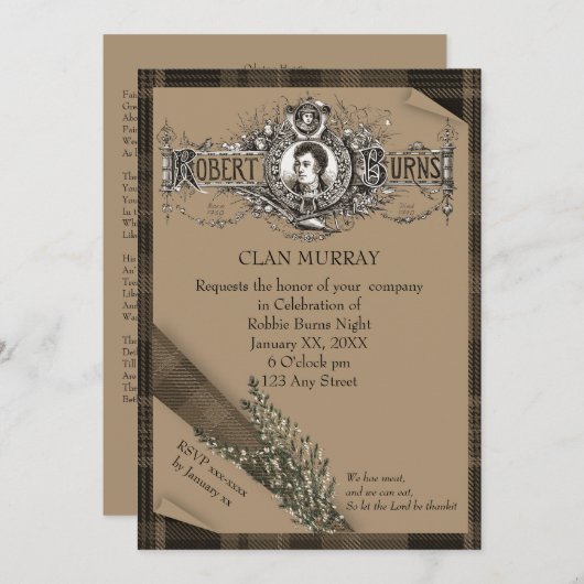 Robbie Burns Sash Uitnodiging (Voorkant / Achterkant)