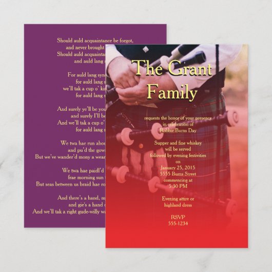 Robbie Burns Scotland Sentimental Party Uitnodigin Kaart (Voorkant / Achterkant)