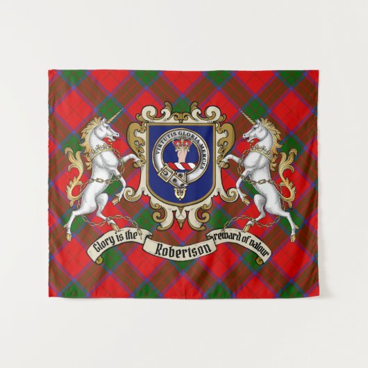 Robertson Clan Badge & Unicorns w/Tartan  Wandkleed (Voorkant (horizontaal))