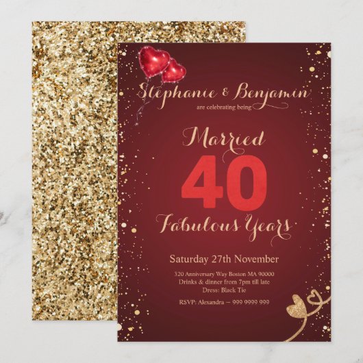 Robijn 40e trouwjubileum Gouden Glitter Elegant Kaart (Voorkant / Achterkant)