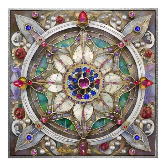 Robijn, Amethist, Saffier en Parel Mandala Foto Afdruk (Voorkant)