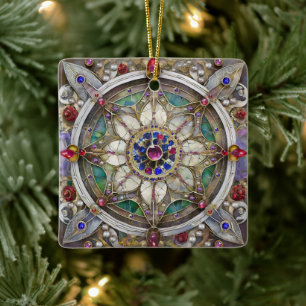 Robijn, Amethist, Saffier en Parel Mandala Keramisch Ornament