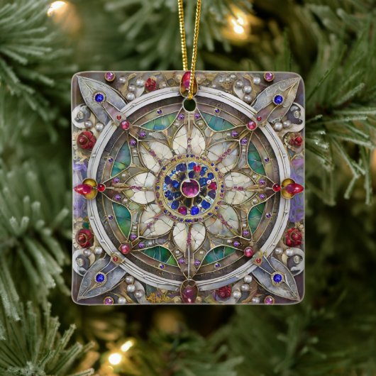 Robijn, Amethist, Saffier en Parel Mandala Keramisch Ornament (Boom)