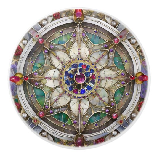Robijn, Amethist, Saffier en Parel Mandala Keramische Knop (Voorkant)