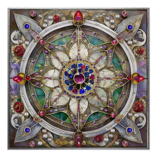Robijn, Amethist, Saffier en Parel Mandala Perfect Poster (Voorkant)