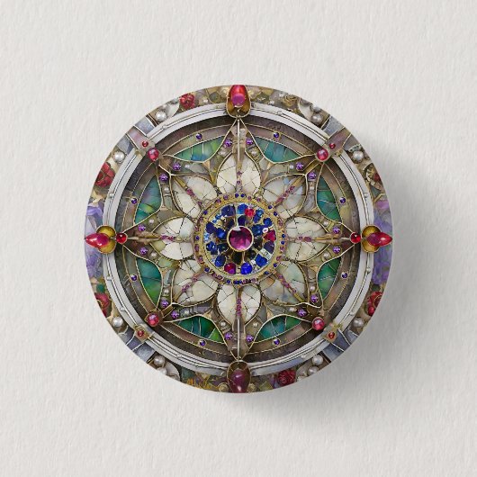 Robijn, Amethist, Saffier en Parel Mandala Ronde Button 3,2 Cm (Voorkant)