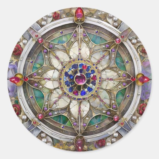 Robijn, Amethist, Saffier en Parel Mandala Ronde Sticker (Voorkant)