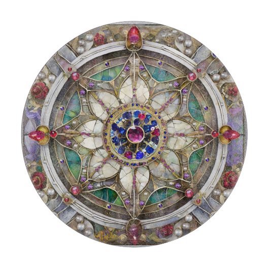 Robijn, Amethist, Saffier en Parel Mandala Snijplank (Voorkant)