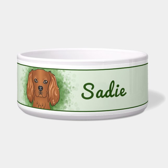 Robijn Cavalier King Charles Spaniel Hond Op Groen Voerbakje (Voorkant)