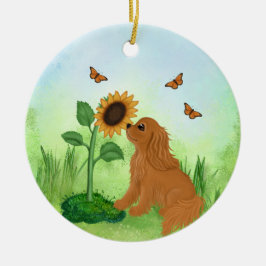 Robijn Cavalier King Charles Spaniel met Zonnebloe Keramisch Ornament