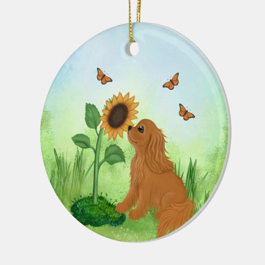 Robijn Cavalier King Charles Spaniel met Zonnebloe Keramisch Ornament (Links)
