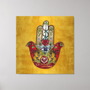 Robijn Granaatappel Hart Rode Vogel Hamsa Canvas Afdruk