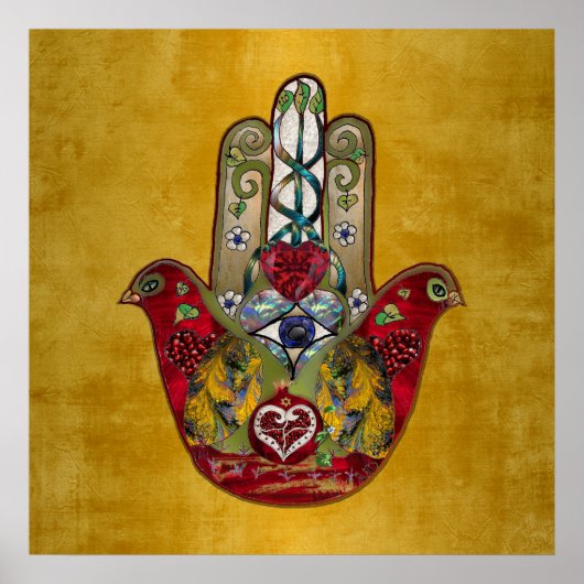 Robijn Granaatappel Hart Rode Vogel Hamsa Poster (Voorkant)