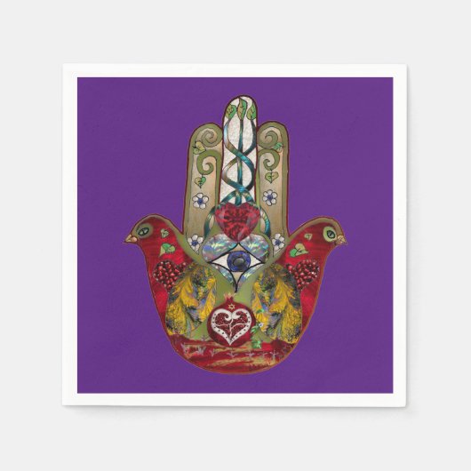Robijn Granaatappel Hart Rode Vogel Hamsa Servet (Voorkant)