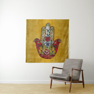 Robijn Granaatappel Hart Rode Vogel Hamsa Wandkleed