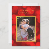 Robijn Rode Bokeh Lichtjes Nep Goud Gelukkig Nieuw Feestdagenkaart (Voorkant)