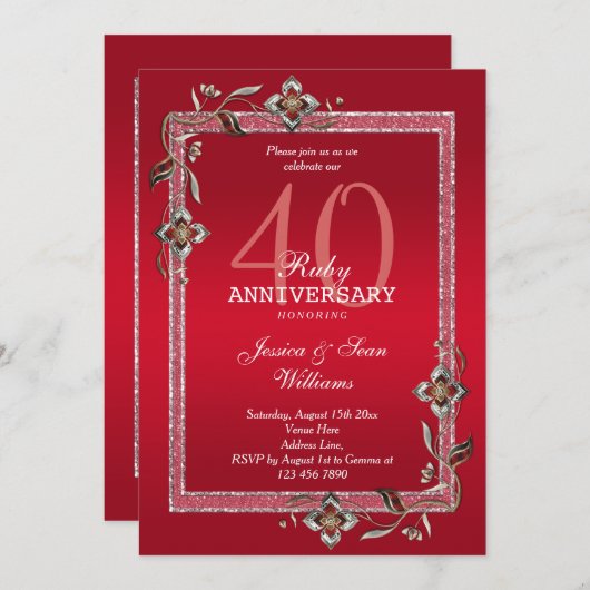 Robijn Rode Edelstenen & Glitter Robijn 40-jarig H Kaart (Voorkant / Achterkant)