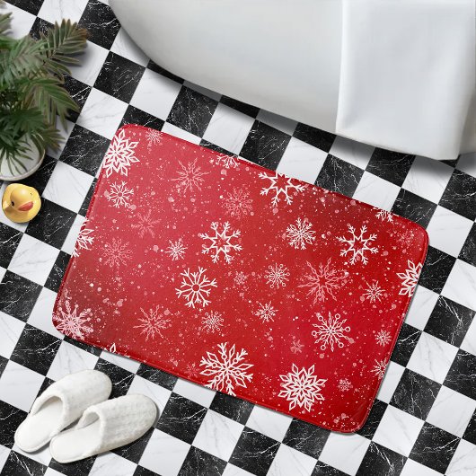 Robijn Rode Festive Kerst Wit Sneeuwvlokken  Badmat