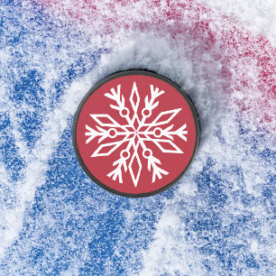 Robijn Rode Festive Kerst Wit Sneeuwvlokken Hockey Puck